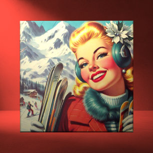 Retro Ski Girl Kakelplatta