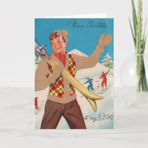 Retro Ski-julkort för son Helgkort