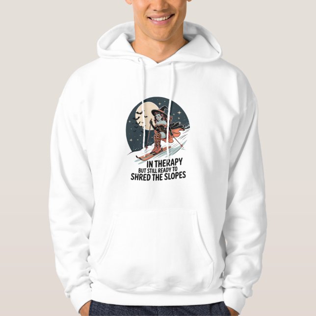 Retro skidåkande häxa Halloween-konst Hoodie (Framsida)