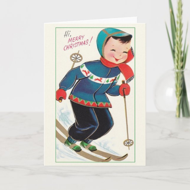 Retro Skier-julhälsningskort Helgkort (Framsida)