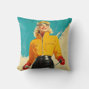 Retro Skiing Glamor Vintage Winter Äventyr Kudde