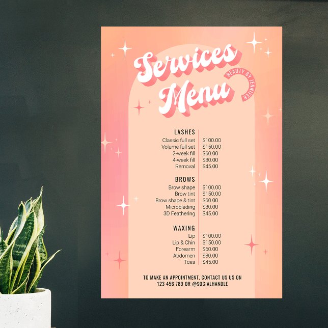 Retro skönhetssalong Persika & Rosa Prislista Affi Poster (Retro groovy business price list design in pastel peach and pink hues )