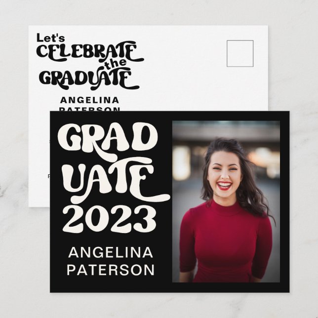 Retro-skript, fotosvart och vitt Student Party Inbjudan Vykort (Fram/baksida)