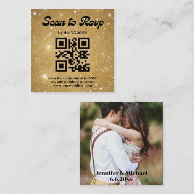 retro skript guld rsvp qr-kod bröllopsfoto tilläggskort (Fram/baksida)