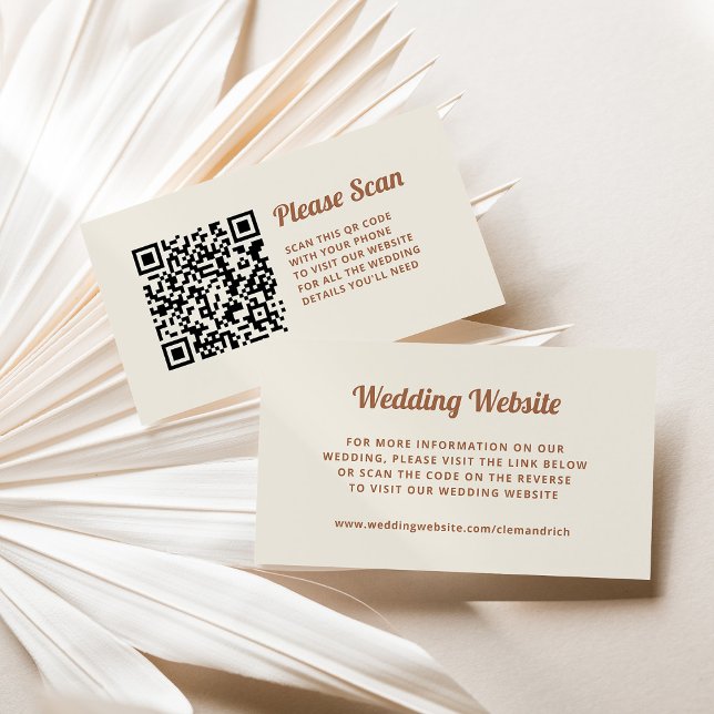 Retro-skript | QR-kod för Neutralt Bröllop webbpla Tilläggskort (Simple and retro wedding website cards in a neutral color)