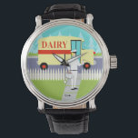 Retro Small Town Milkman Watch Armbandsur<br><div class="desc">Om du har en törst i ett modernt århundrade är Retro Small Town Milkman Watch för dig! 1960-talets stil, minimalistiska konstdesign, har en dedikerad, mjölkman skapar hans morgonronder. Den blondande mannen bär mjölkaktig vit byxor, skjorta och hatt med en svart bukslips, bälte och skor. Denna kalcium- och D-vitaminbärare går upp...</div>