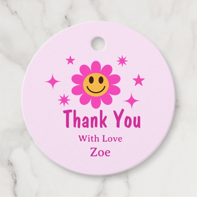 Retro Smilande Rosa Flower Birthday Tack Gåvor Etiketter (Framsida)