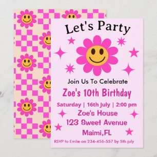 Retro Smilande Rosa Flower Checkered Girl Birthday Inbjudningar