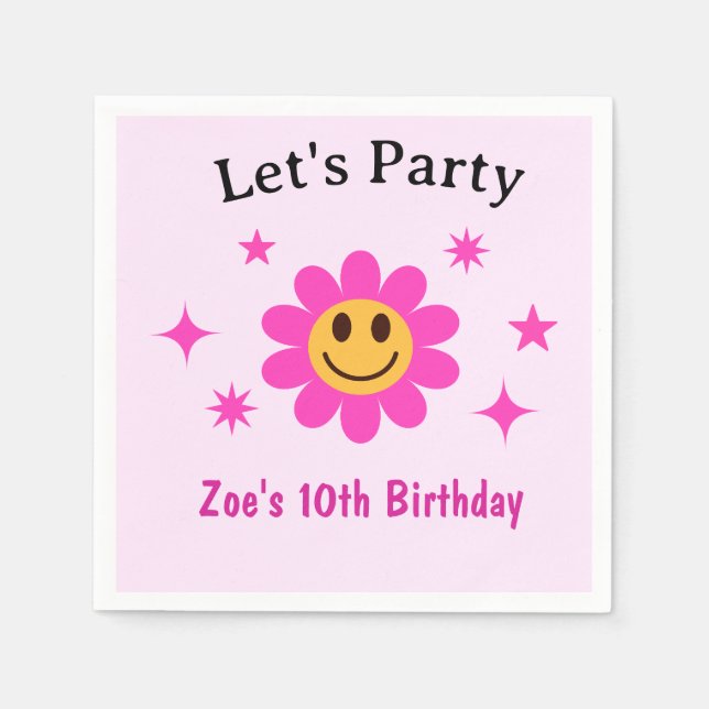 Retro Smilande Rosa Flower Girl Birthday Pappersservett (Framsidan)