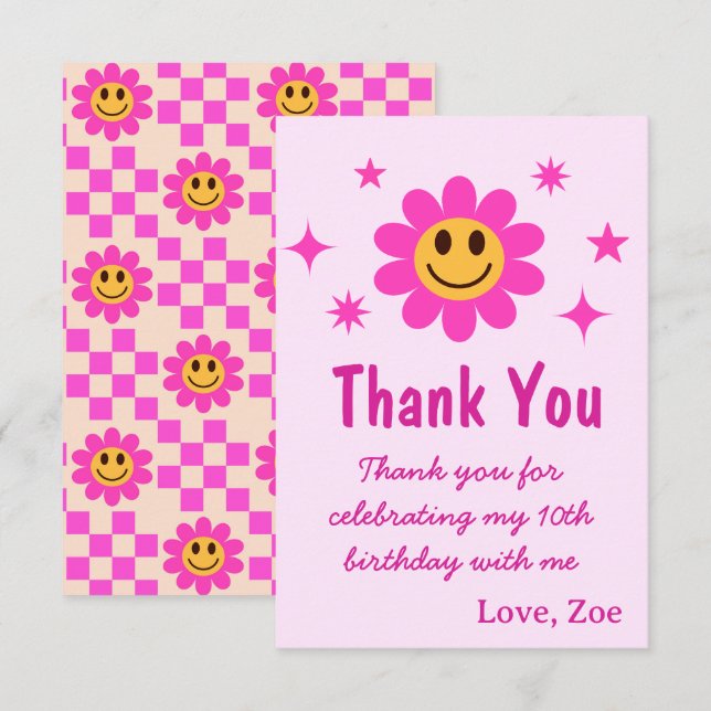 Retro Smilande Rosa Flower Girl Birthday Tack Kort (Fram/baksida)