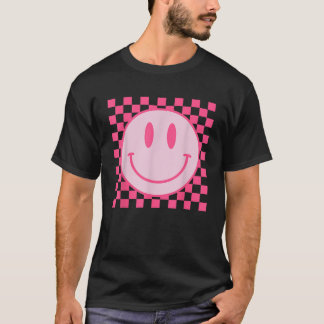 Retro Smile Ansikte Rutigt Mönster Preppy Estetik T Shirt