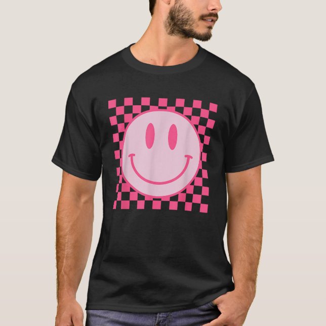 Retro Smile Face Checkered Pattern Preppy Aestheti T Shirt (Framsida)