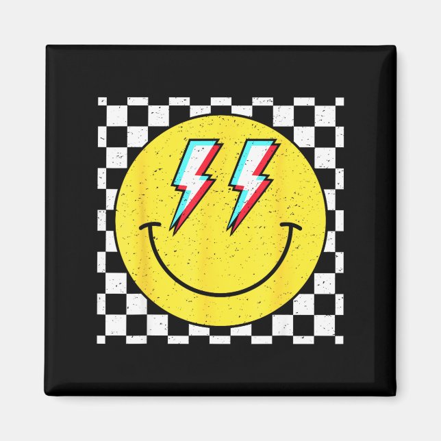 Retro Smile Face Checkered Pattern Preppy Happy Fa Magnet (Framsidan)