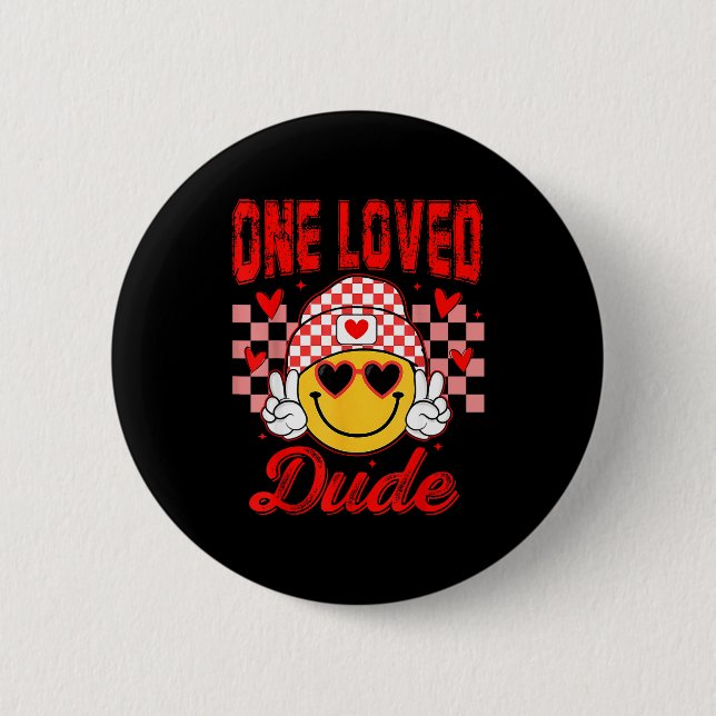 Retro Smile Face One Loved Dude Valentines Day Men Knapp (Framsida)