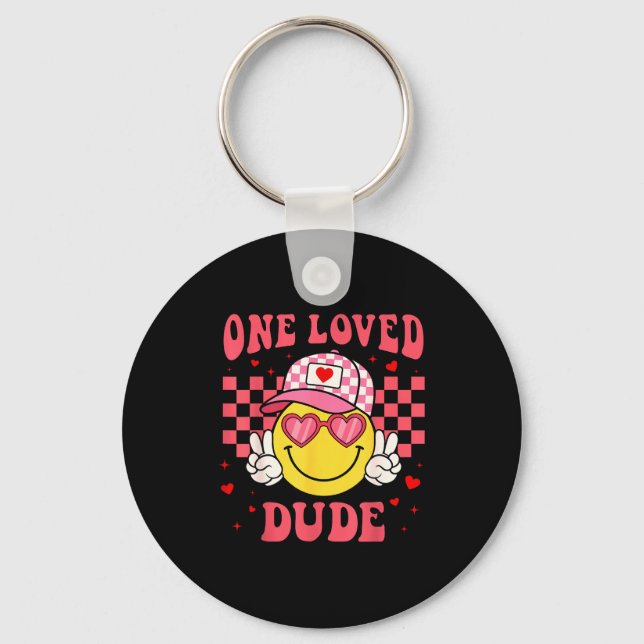 Retro Smile Face One Loved Dude Valentines Day Men Nyckelring (Framsida)