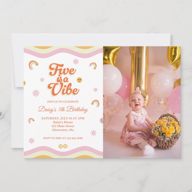 Retro Smiles Fem är ett Vibe 5:e födelsedagsfoto Inbjudningar (Framsida)