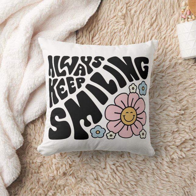 Retro Smiley Face Flower Positive Quote Kudde (Filt)