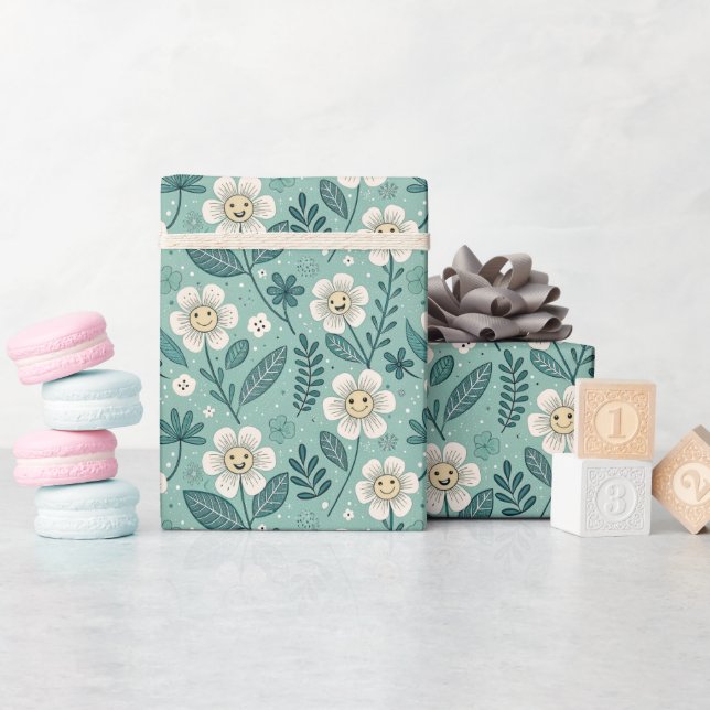 Retro Smiling Daisy Mönster - Groovy 70s Boho Presentpapper (Baby Shower)