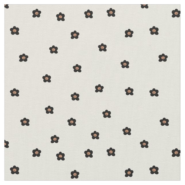 Retro Smiling Flower Pattern in Black and Cream Tyg (Närbild)