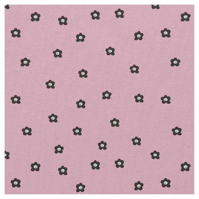 Retro Smiling Flower Pattern in black and Rosa Tyg (Närbild)