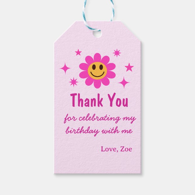 Retro Smiling Rosa Flower Girl Birthday Favor Presentetikett (Framsidan)