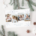 Retro Snö | 4 Photo Collage Peace on Earth Julkort<br><div class="desc">Unik modernt kort för 2000-talet har fyra favoritfoton som ordnats sida vid sida med överdimensionerade grått-snöflingsilhuetter i en coola-reflektor i stil. Anpassa med din anpassningsbar Julhälsningar och släkt namn under i rökblå grönt sans serif och handskriven skrift,  som visas med "Fred på jorden".</div>