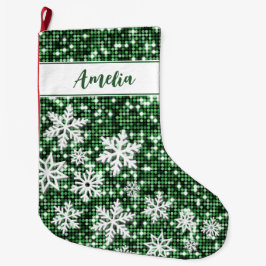 Retro Snöflingor Grönt - Personlig - jul Stor Julstrumpa