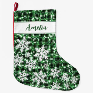 Retro Snöflingor Grönt - Personlig - jul Stor Julstrumpa