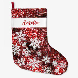 Retro Snöflingor Red Personlig Stor Julstrumpa