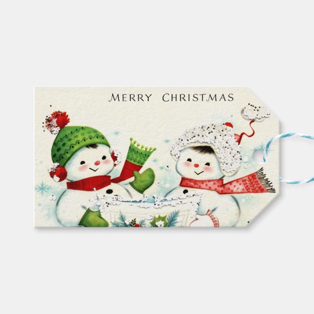 Retro Snögubbar i Kitsch-stil Presentetikett (Framsidan (Horisontell))