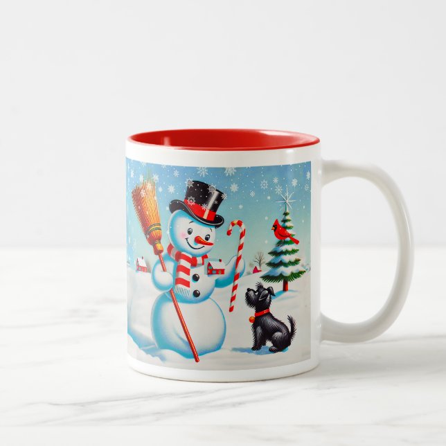 Retro Snögubbe, Cute Hund, Red Cardinal och Träd Två-Tonad Mugg (Höger)