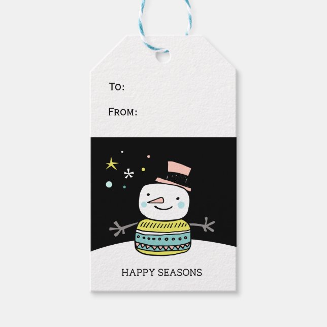 Retro snögubbe lycklig-säsongerna jul presentetikett (Framsidan)