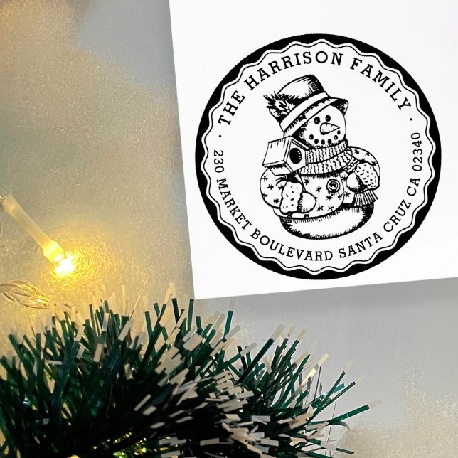 Retro Snögubbe Round Family Namn & Returadress Stämpel (Skapare uppladdad)