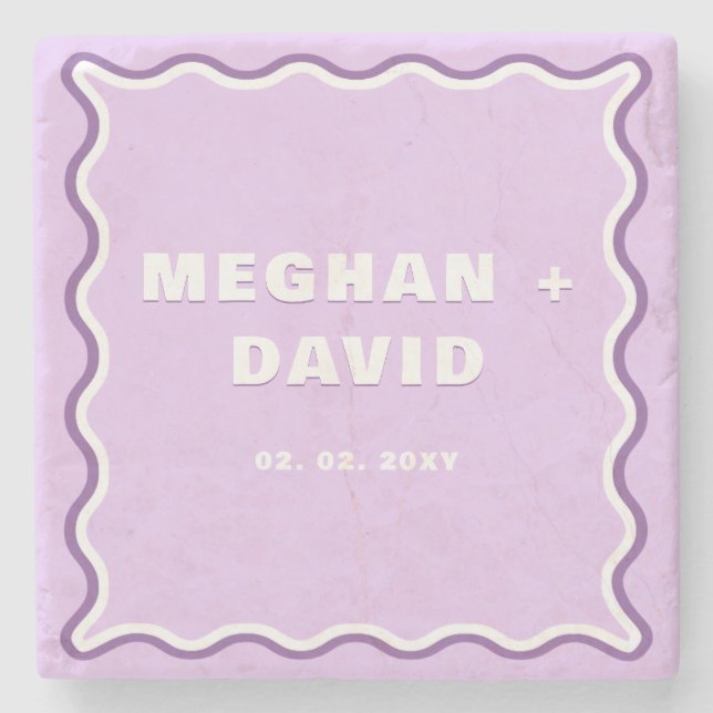 Retro Snörig Vågig Kurva Lila Bröllop   Stenunderlägg (Framsidan)