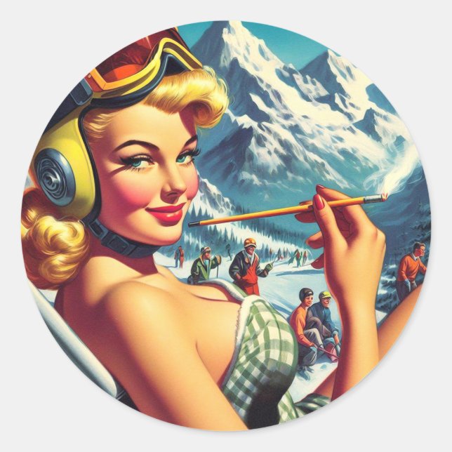 Retro Snowboard Girl Runt Klistermärke (Framsida)