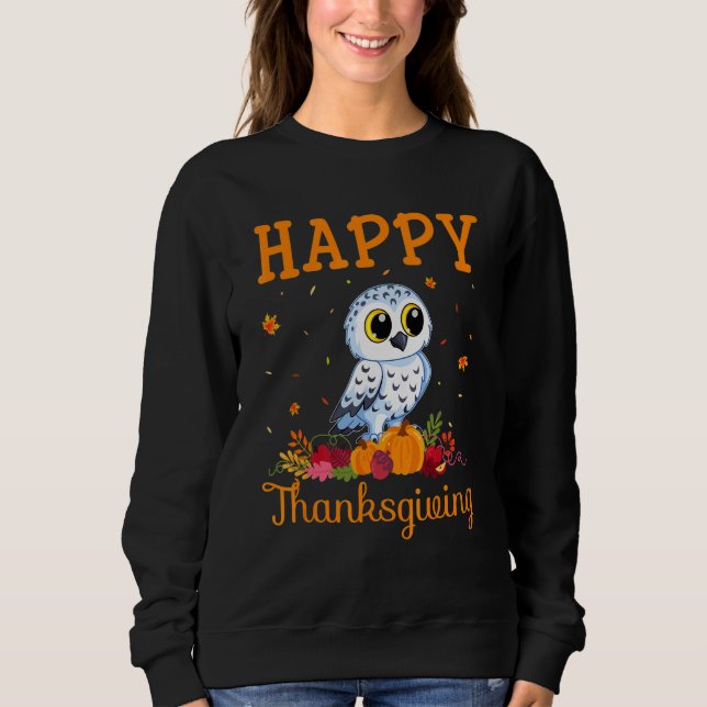 Retro Snowy Owl Happy Thanksgiving Matching Family T Shirt (Framsida)