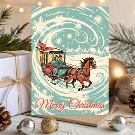 Retro Snowy Sleigh Ride Christmas Helgkort