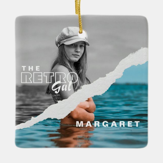 Retro Snyggt Black & White Porträtt Photo Visning Julgransprydnad Keramik (Framsida)