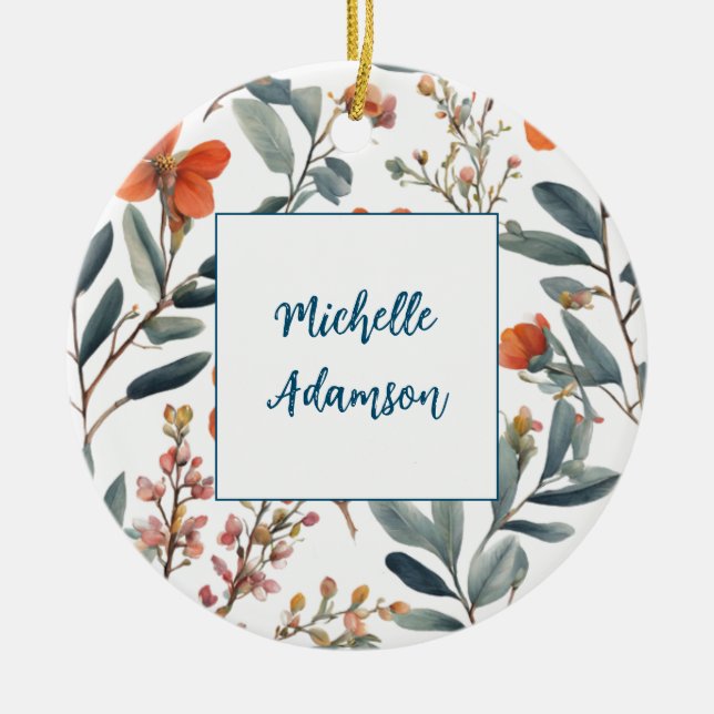 Retro Snyggt Elegant Plain Flowers Ditt namn Julgransprydnad Keramik (Framsidan)
