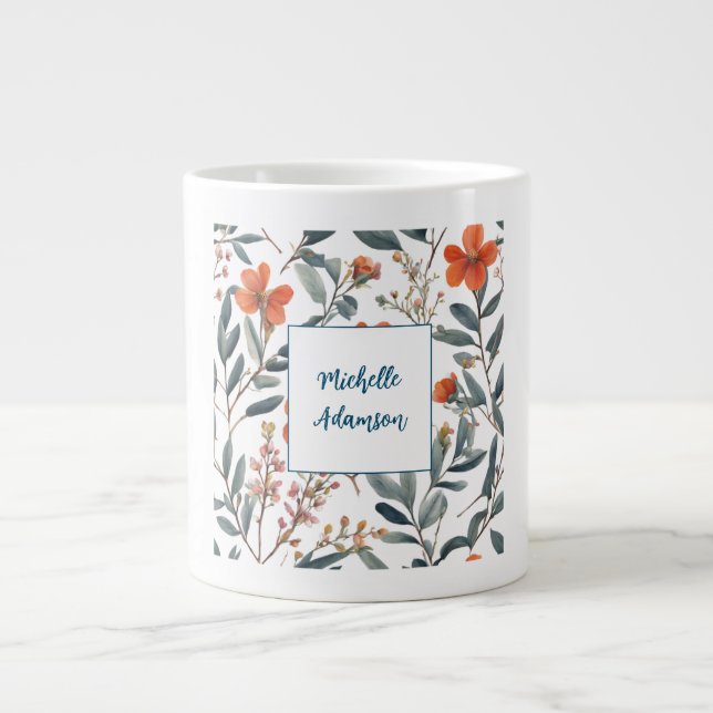 Retro Snyggt Elegant Plain Flowers Ditt namn Jumbo Mugg (Framsidan)