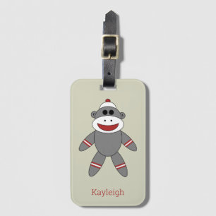 Retro Sock monkey på Tan med Namn Bagagebricka