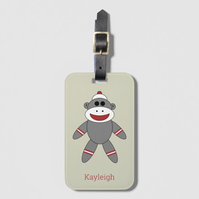 Retro Sock monkey på Tan med Namn Bagagebricka (Framsida vertikal)