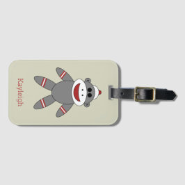 Retro Sock monkey på Tan med Namn Bagagebricka