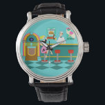 Retro Soda Fontän Watch Armbandsur<br><div class="desc">upp något speciellt med Retro Soda Fontän Watch. Den minimalistiska konsten, tecknad teckning-designen, har insida på stadens kallaste plats. Det är 1950:s soda fontän, i all sin kitschy gloria! Mot bakgrund av en vattenvägg kan vi se poster reklam för husets specialiteter. En poster visar en hamburgare och flaska of pop...</div>