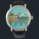 Retro Soda Fontän Watch Armbandsur<br><div class="desc">upp något speciellt med Retro Soda Fontän Watch. Den minimalistiska konsten, tecknad teckning-designen, har insida på stadens kallaste plats. Det är 1950:s soda fontän, i all sin kitschy gloria! Mot bakgrund av en vattenvägg kan vi se poster reklam för husets specialiteter. En poster visar en hamburgare och flaska of pop...</div>
