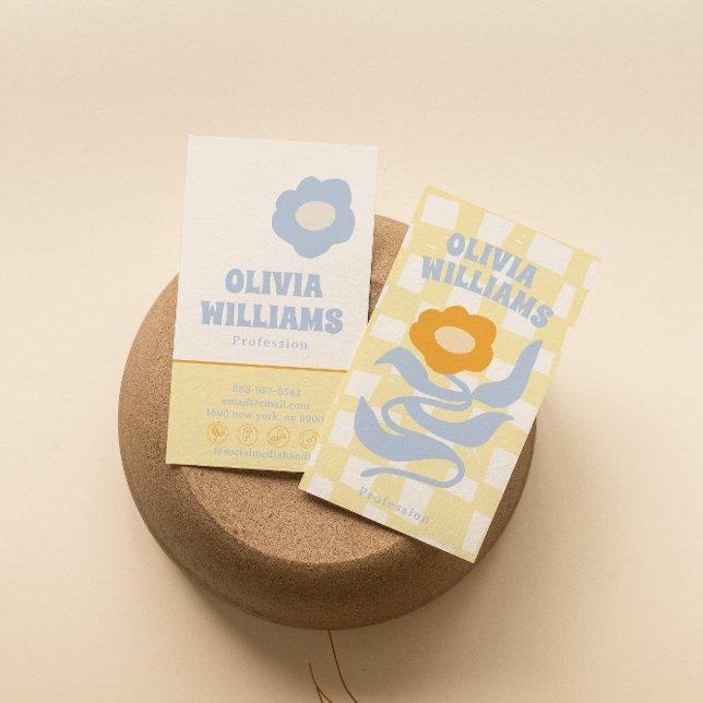 Retro Soft Boho Groovy Checkered Floral Unique 70s Visitkort (Skapare uppladdad)