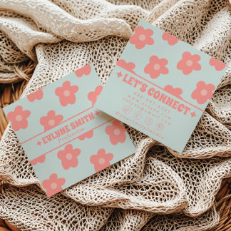 Retro Soft Pink Blue Boho Groovy Floral Girly Fun Fyrkantigt Visitkort