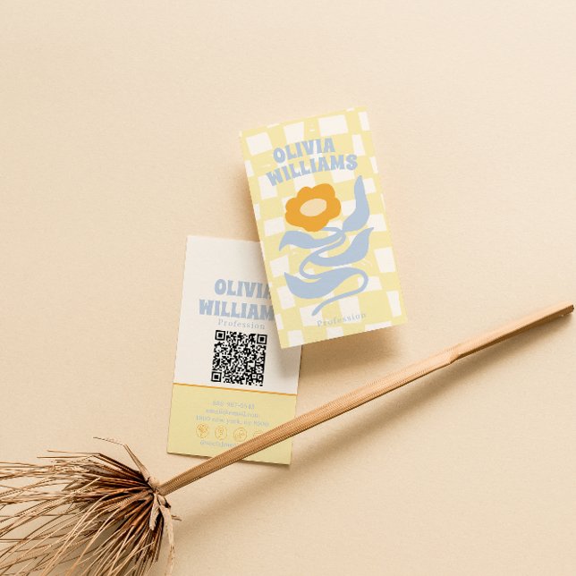 Retro Soft QR Code Boho Groovy Checkered Floral Visitkort (Skapare uppladdad)