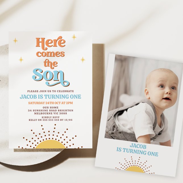 Retro Sol kommer hit Sol 1:a födelsedagen Inbjudningar (Here comes the sun 1st birthday invitation, Sun birthday party, Sunshine first birthday boy, Retro )