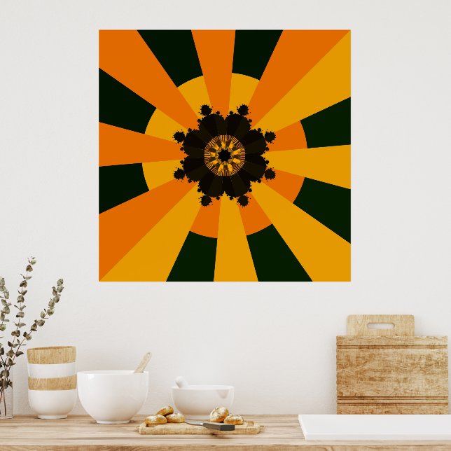 Retro Sol Rays Burst Sunset Black Orange Gult Poster (Kök)